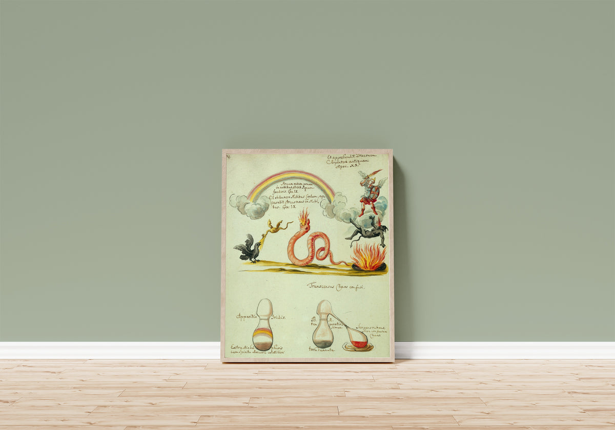 Framed art print of A Rainbow over Dragon and Serpent, above… by Thesaurus Thesaurorum, in a light wood frame leaning on a sage green wall above a wooden floor