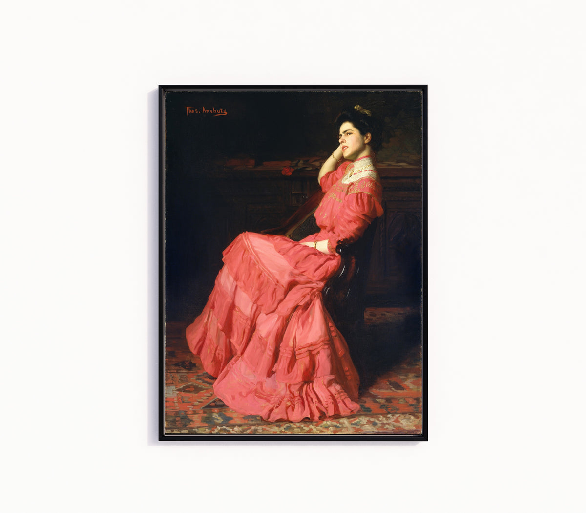Framed art print of A Rose by Thomas Anshutz, in a slim black frame on a plain white wall