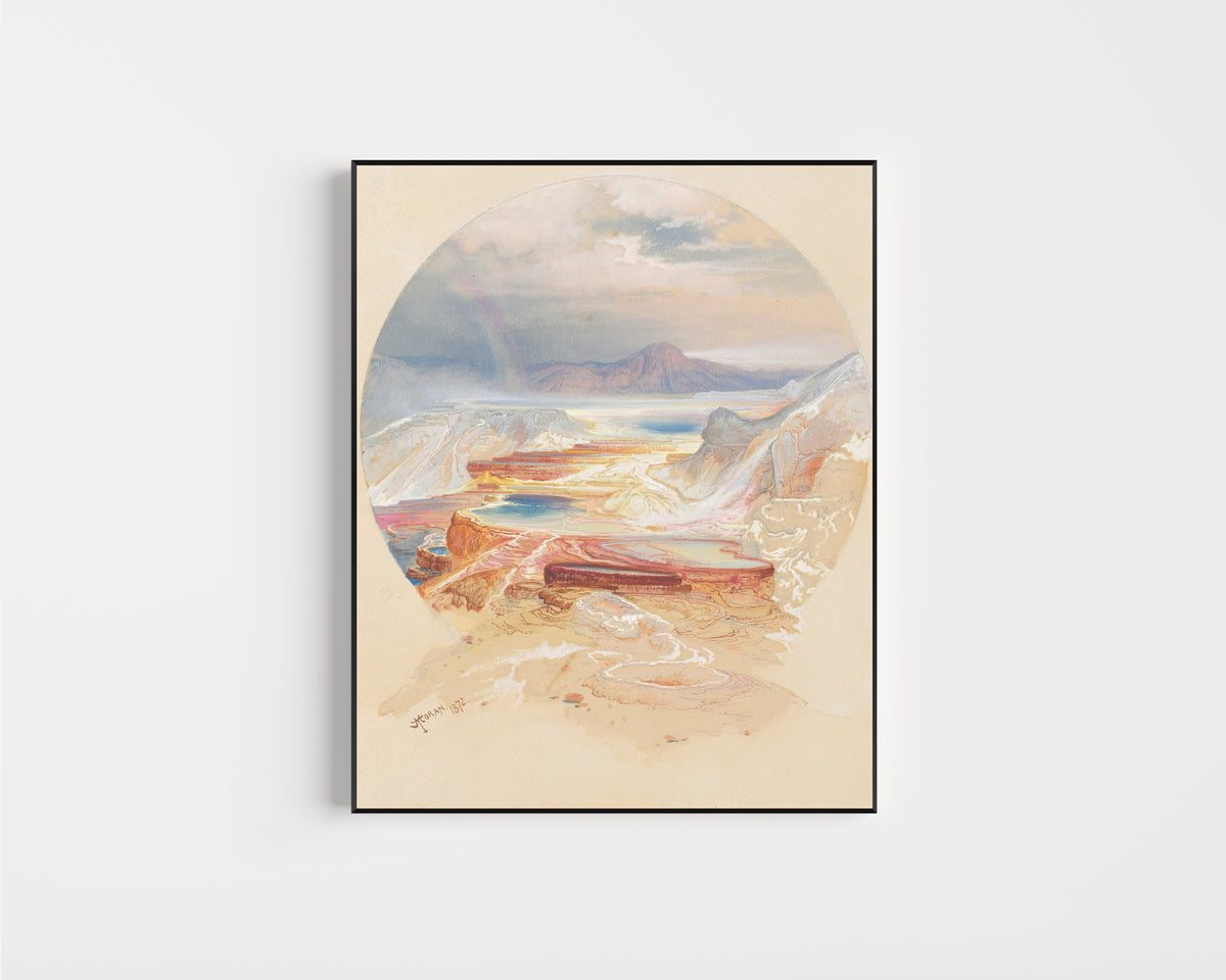 Framed art print of Minerva Terrace, Yellowstone by Thomas Moran, in a slim black frame on a plain white wall