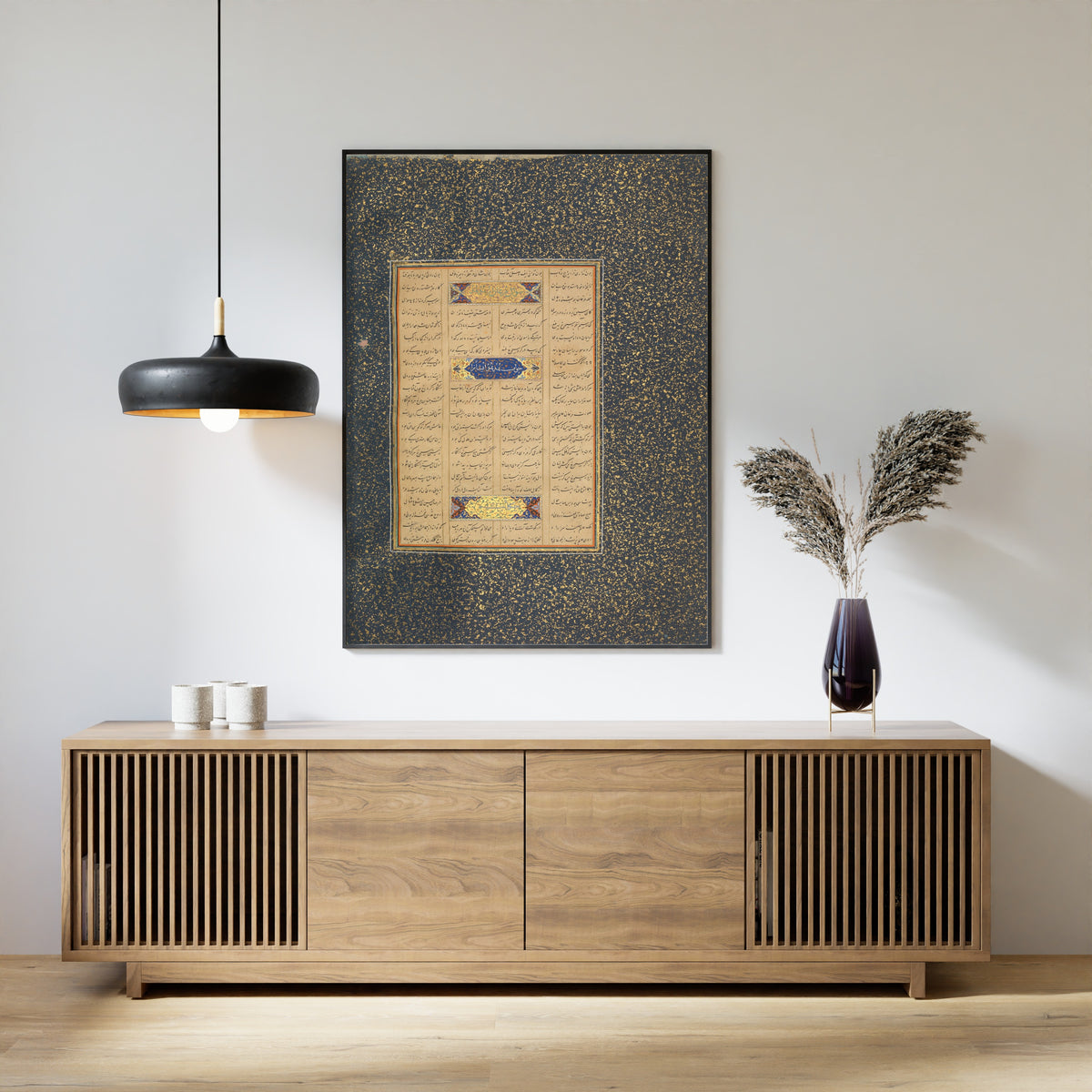 Page of Calligraphy from a Mantiq al-Tayr (Language of the Birds) (Deep Blue Gold-Sprinkled Border) by Sultan 'Ali al-Mashhadi — shown framed on a wall