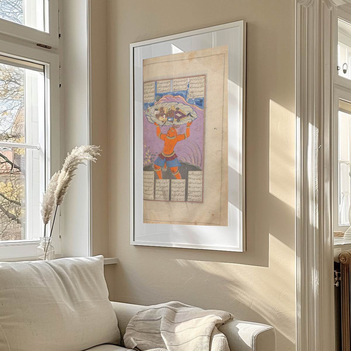 Shahnama (Book of Kings) of Firdausi (Horned Demon Carries a Sleeping Warrior) by Mu'in Musavvir — framed in a sunlit living room above a sofa