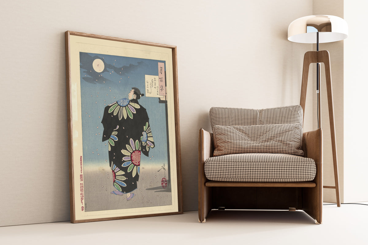 Fukami Jikyū in Moonlight by Tsukioka Yoshitoshi — framed on the wall of a minimal living room