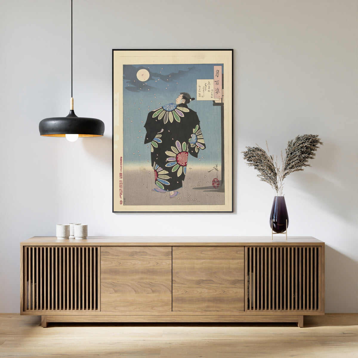 Fukami Jikyū in Moonlight by Tsukioka Yoshitoshi — A robed figure walks beneath a full moon as cherry petals fall