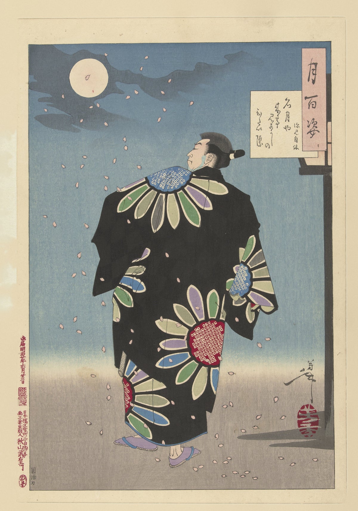 Fukami Jikyū in Moonlight by Tsukioka Yoshitoshi — A robed figure walks beneath a full moon as cherry petals fall