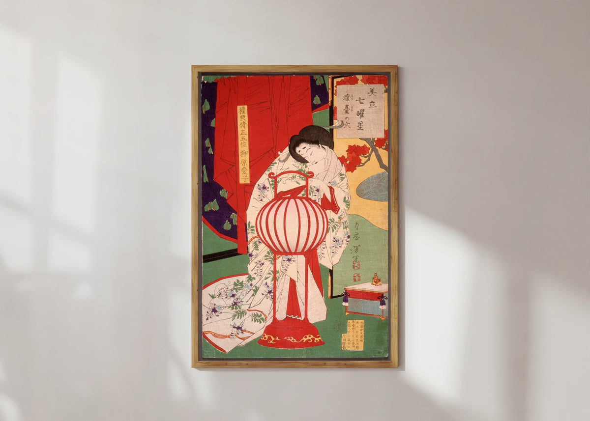 Framed art print of Full Moon by Tsukioka Yoshitoshi, in a light wood frame on a sunlit white wall
