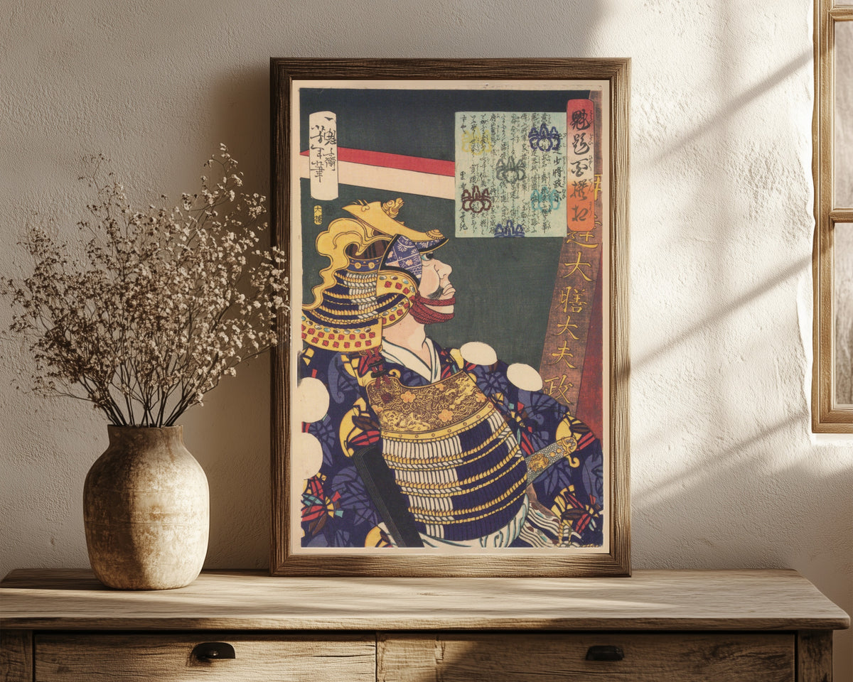 Framed art print of Kaidai hyakusensō: Date Shōshō Masamune by Tsukioka Yoshitoshi, in a dark wood frame leaning on a rustic console beside dried flowers