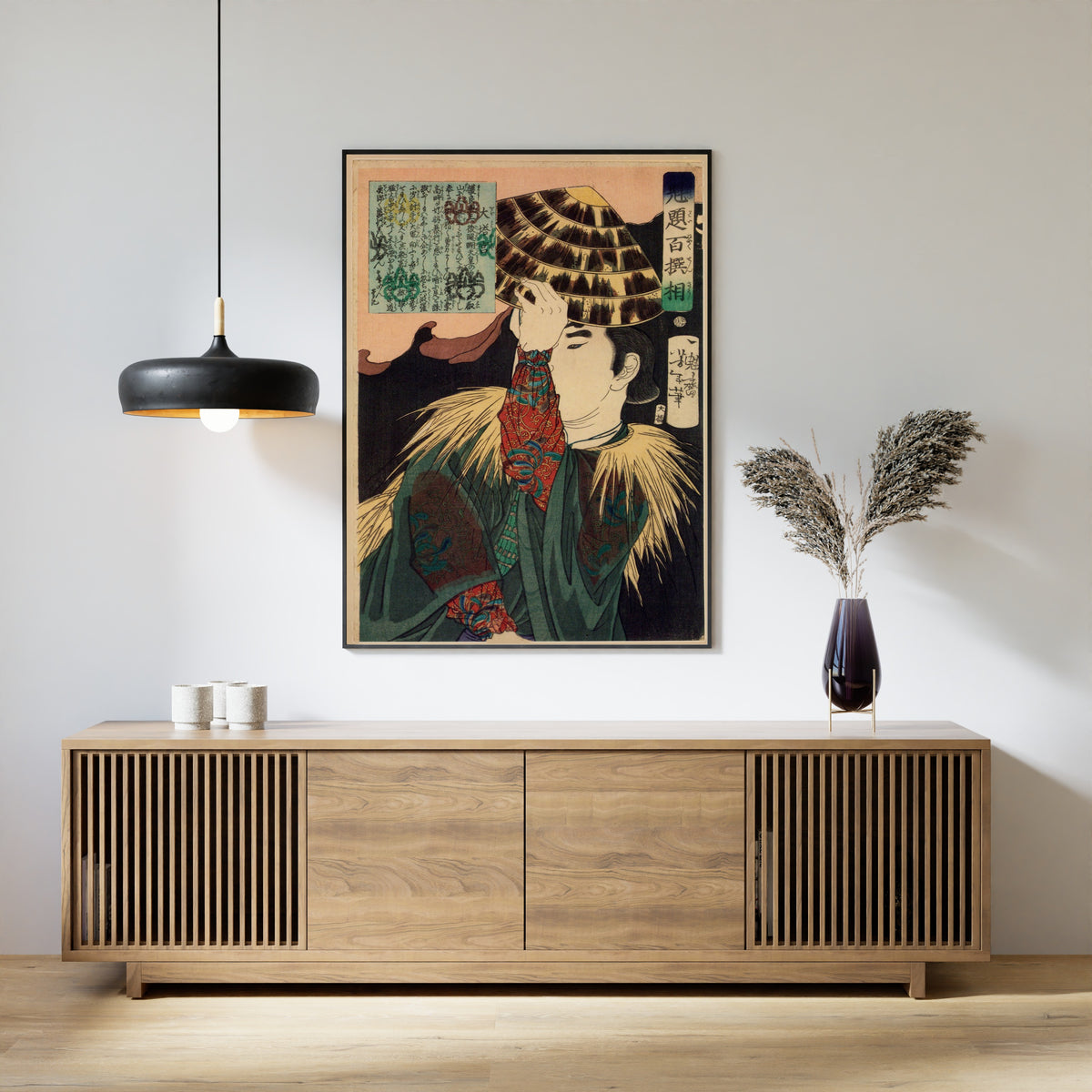 Kaidai Hyakusensō: Prince Ōtō (Daitō-no-miya) by Tsukioka Yoshitoshi — shown framed on a wall