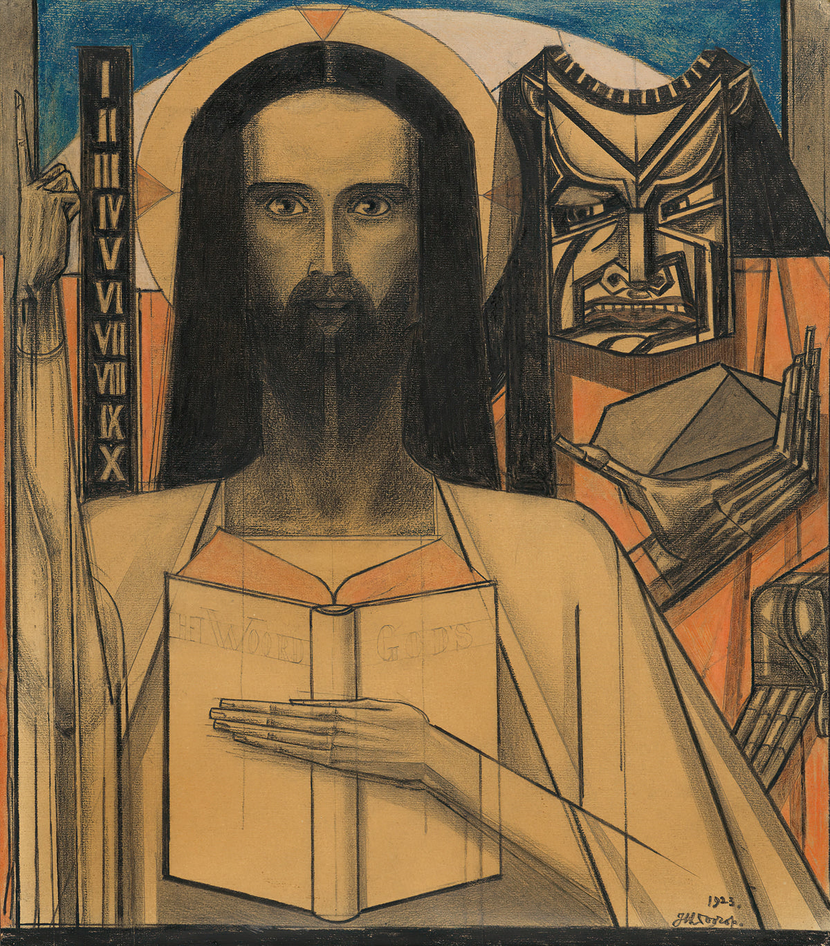 Étude pour 'Christus in de woestijn' by Jan Toorop — A haloed bearded Christ holds an open book beside an angular mask