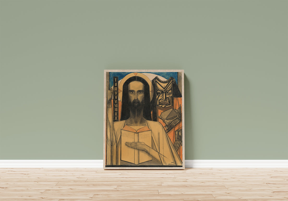 Framed art print of Étude pour 'Christus in de woestijn' by Jan Toorop, in a light wood frame leaning on a sage green wall above a wooden floor