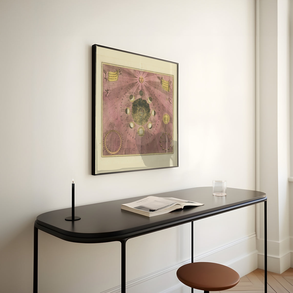 Andreas Cellarius — The Phases and Aspects of the Moon (Plate 19, Rose Colouring) | Celestial Map Print