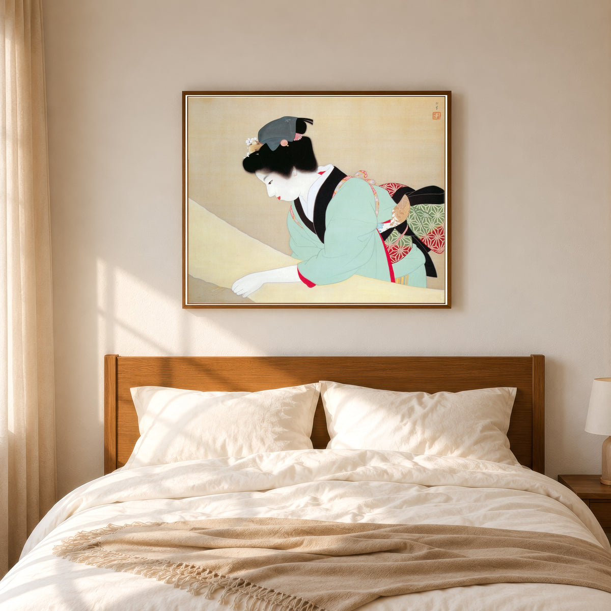 Framed art print of A Fine Day by Uemura Shōen, in a slim wood frame above a bed in a sunlit bedroom