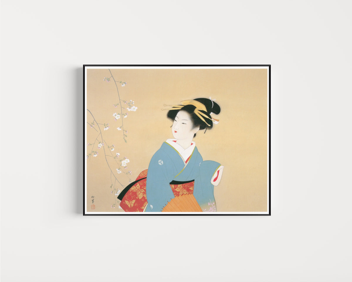 Framed art print of Cherry Blossom Viewing by Uemura Shōen, in a slim black frame on a plain white wall