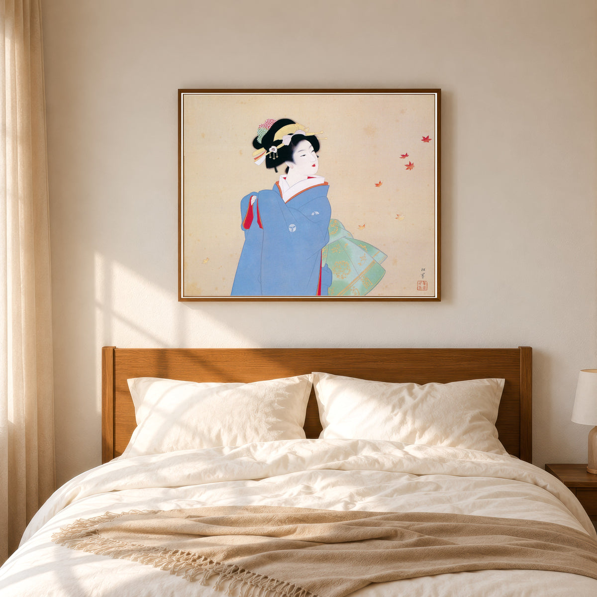 Framed art print of Deep Autumn by Uemura Shōen, in a slim wood frame above a bed in a sunlit bedroom