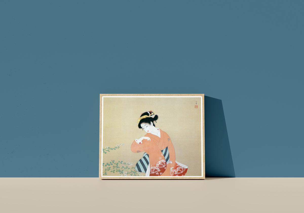 Framed art print of Early Autumn by Uemura Shōen, in a light wood frame leaning on a blue wall