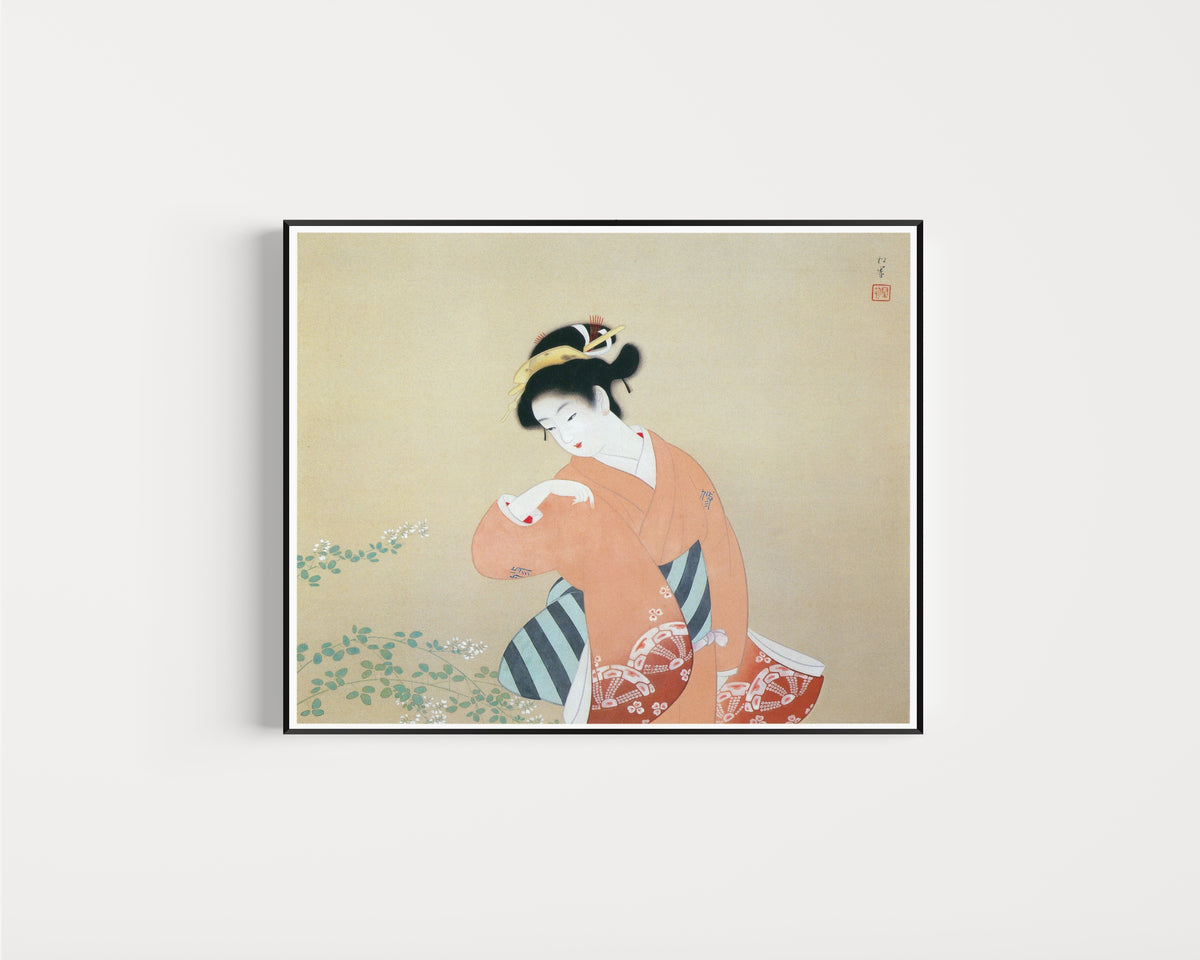 Framed art print of Early Autumn by Uemura Shōen, in a slim black frame on a plain white wall