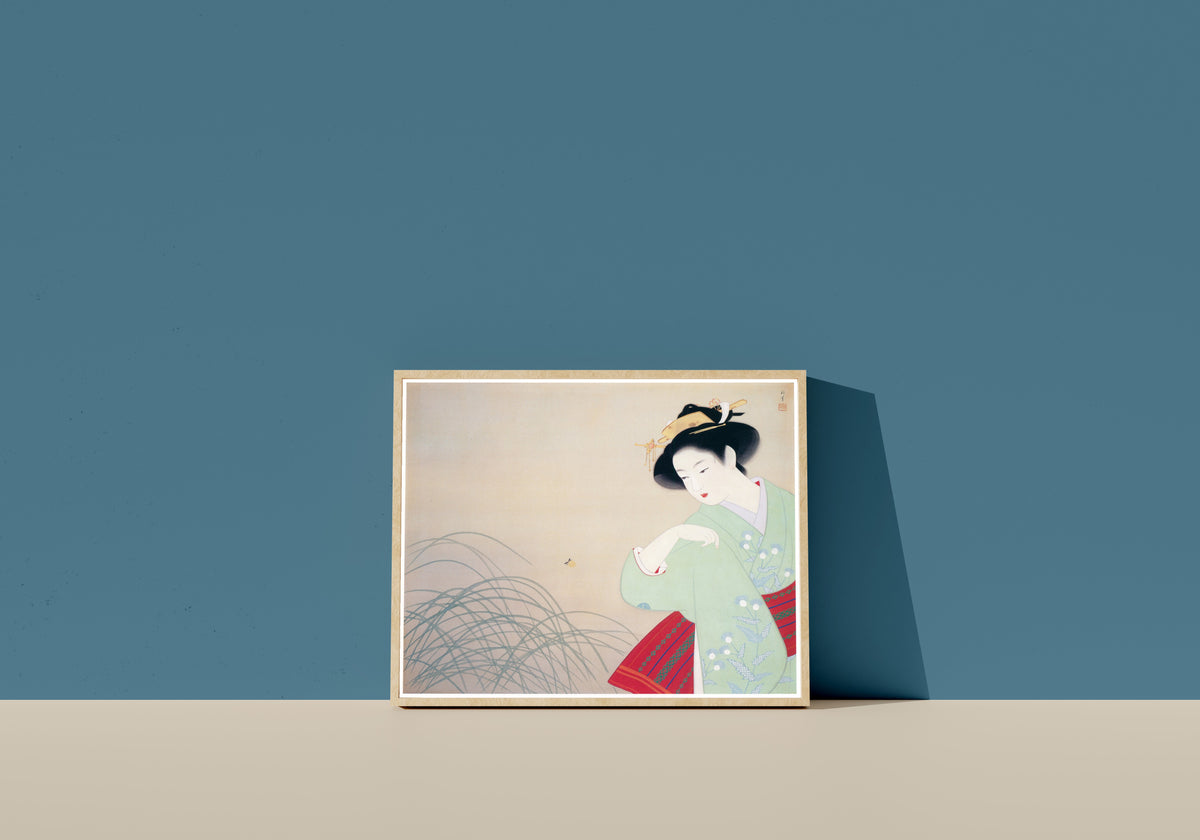 Framed art print of Firefly by Uemura Shōen, in a light wood frame leaning on a blue wall