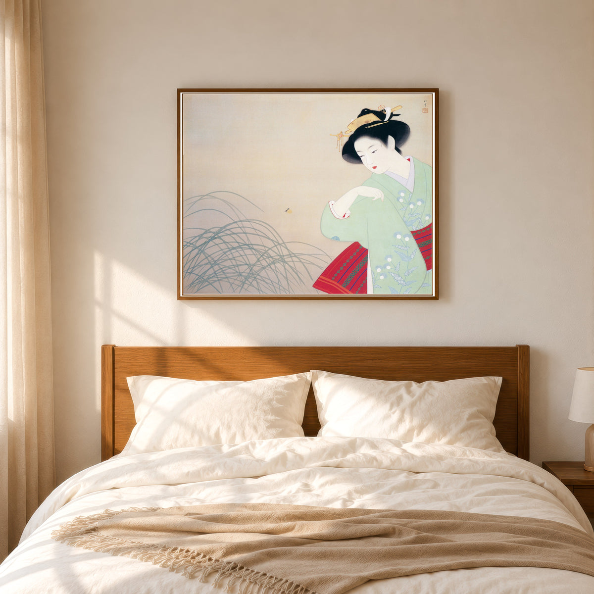 Framed art print of Firefly by Uemura Shōen, in a slim wood frame above a bed in a sunlit bedroom