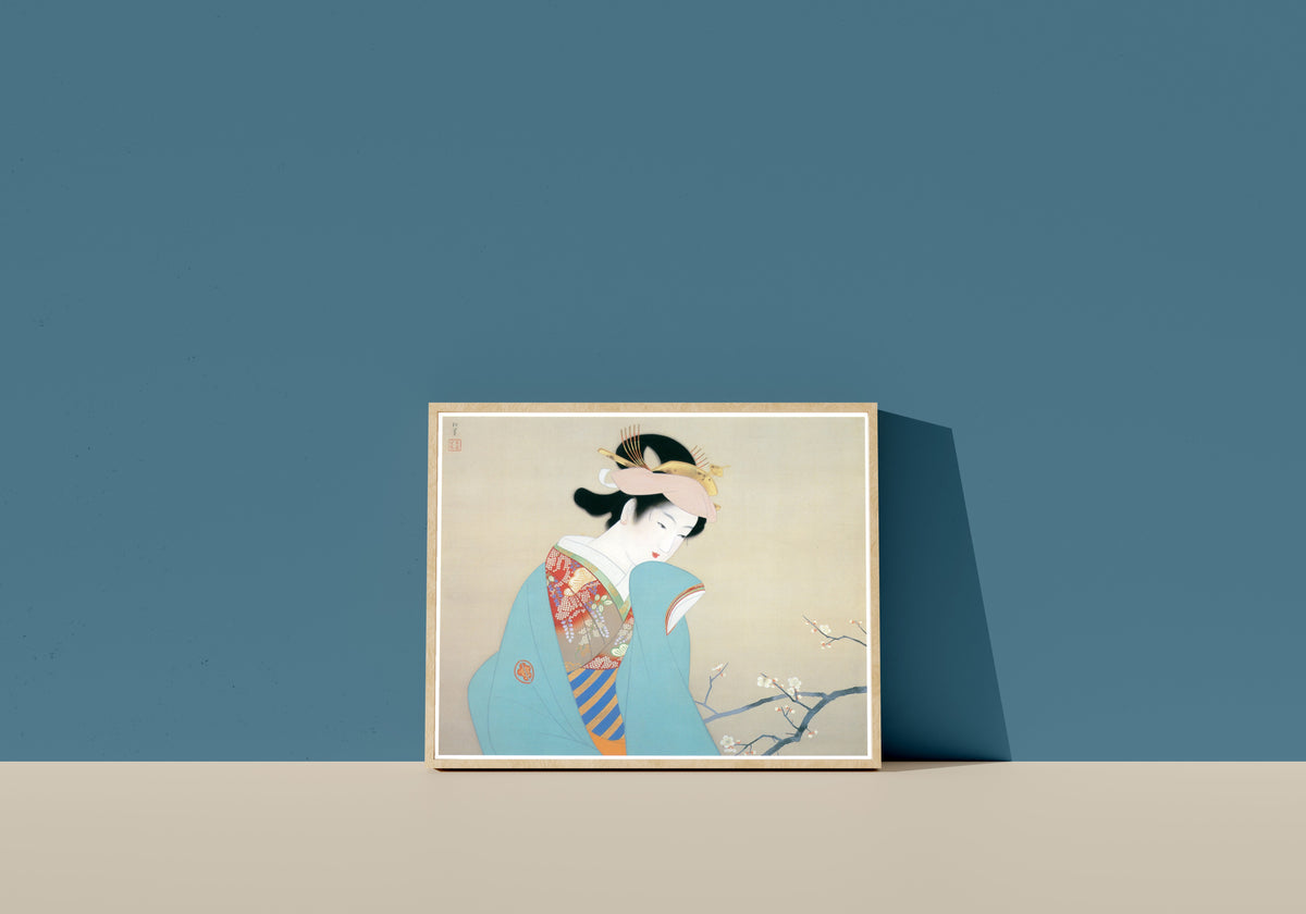 Framed art print of Fragrance of Spring by Uemura Shōen, in a light wood frame leaning on a blue wall