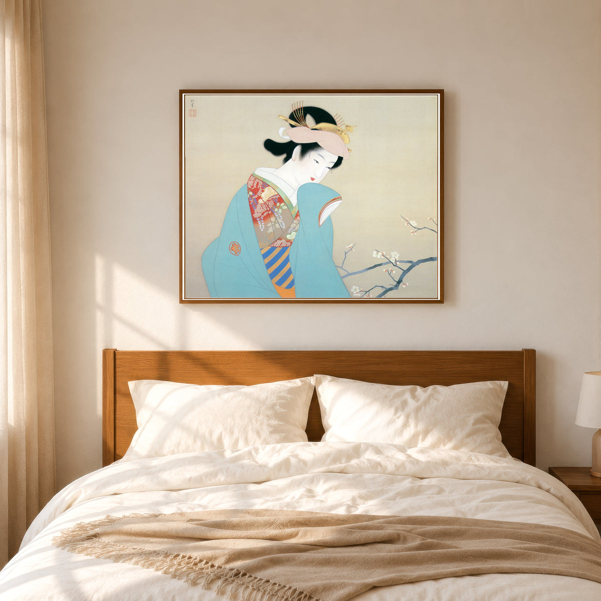 Framed art print of Fragrance of Spring by Uemura Shōen, in a slim wood frame above a bed in a sunlit bedroom