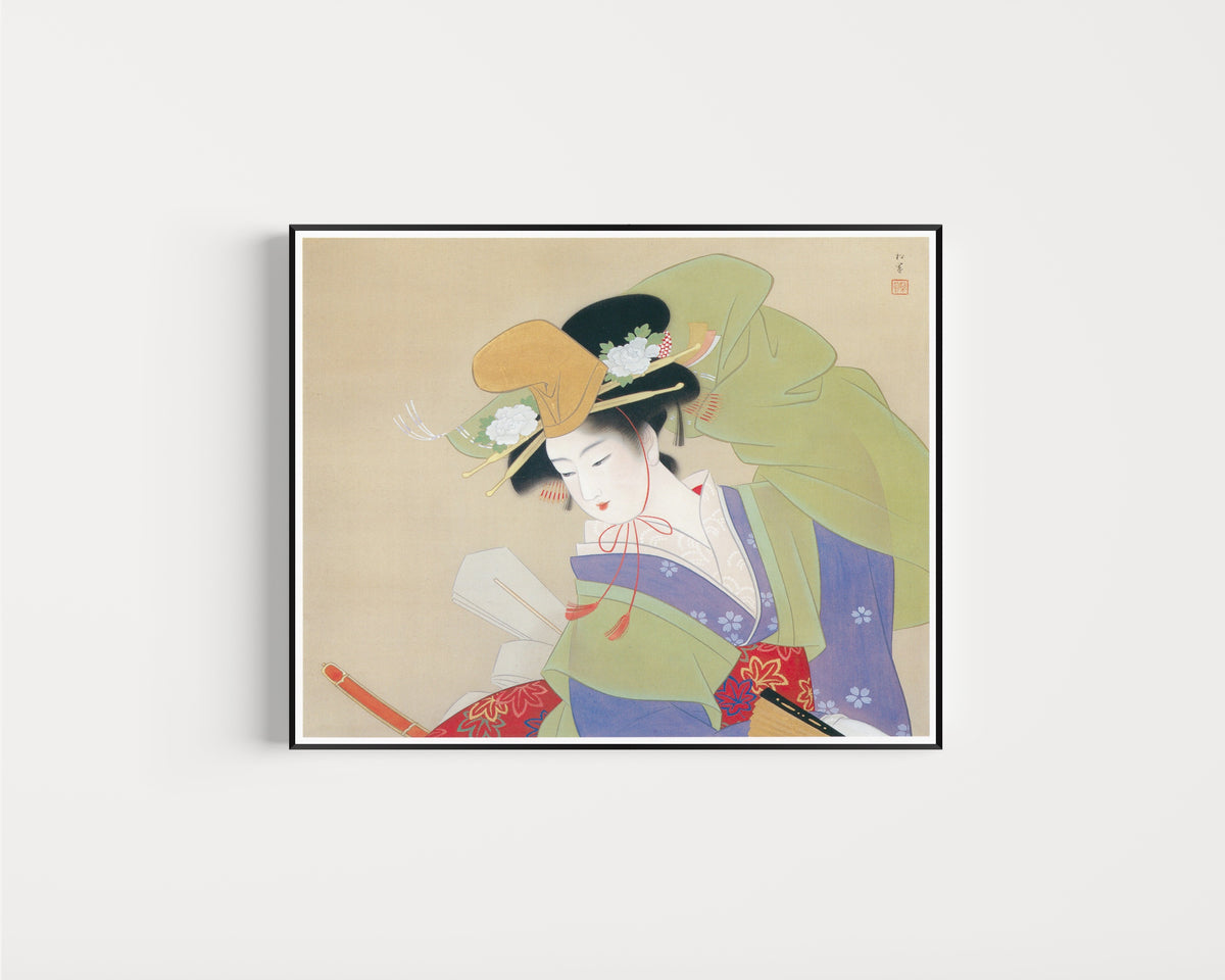 Framed art print of Green Rain (Ryokuu) by Uemura Shōen, in a slim black frame on a plain white wall