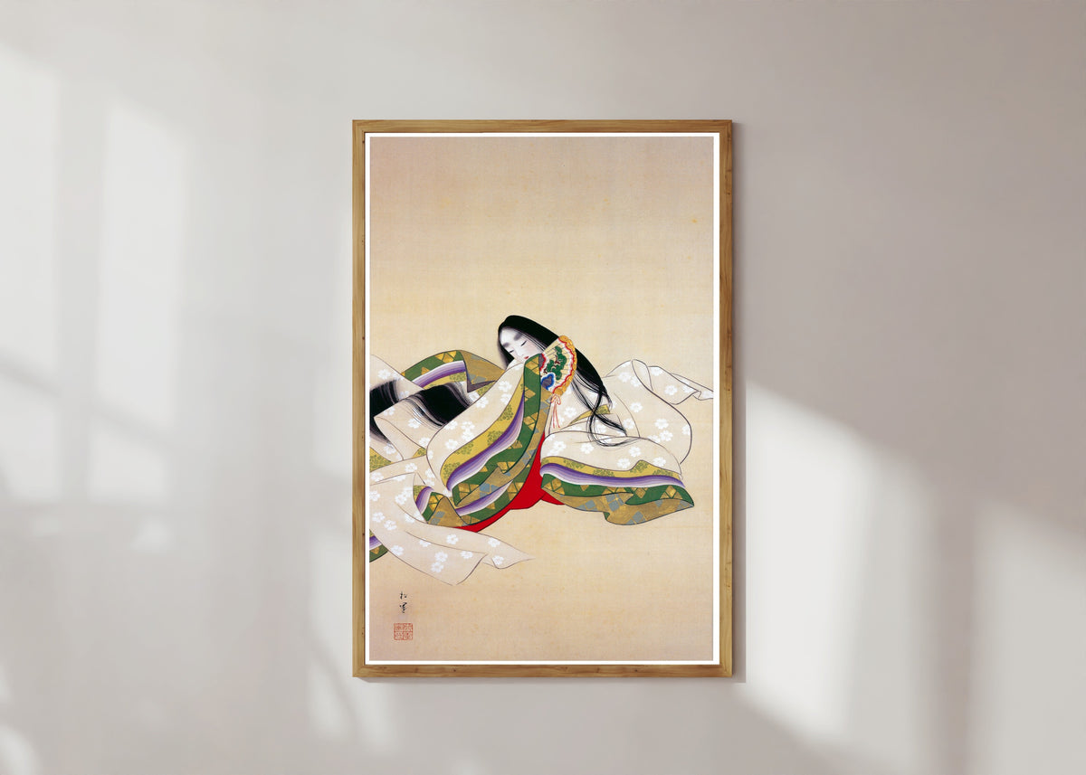 Framed art print of Jōrō (Court Lady) by Uemura Shōen, in a light wood frame on a sunlit white wall