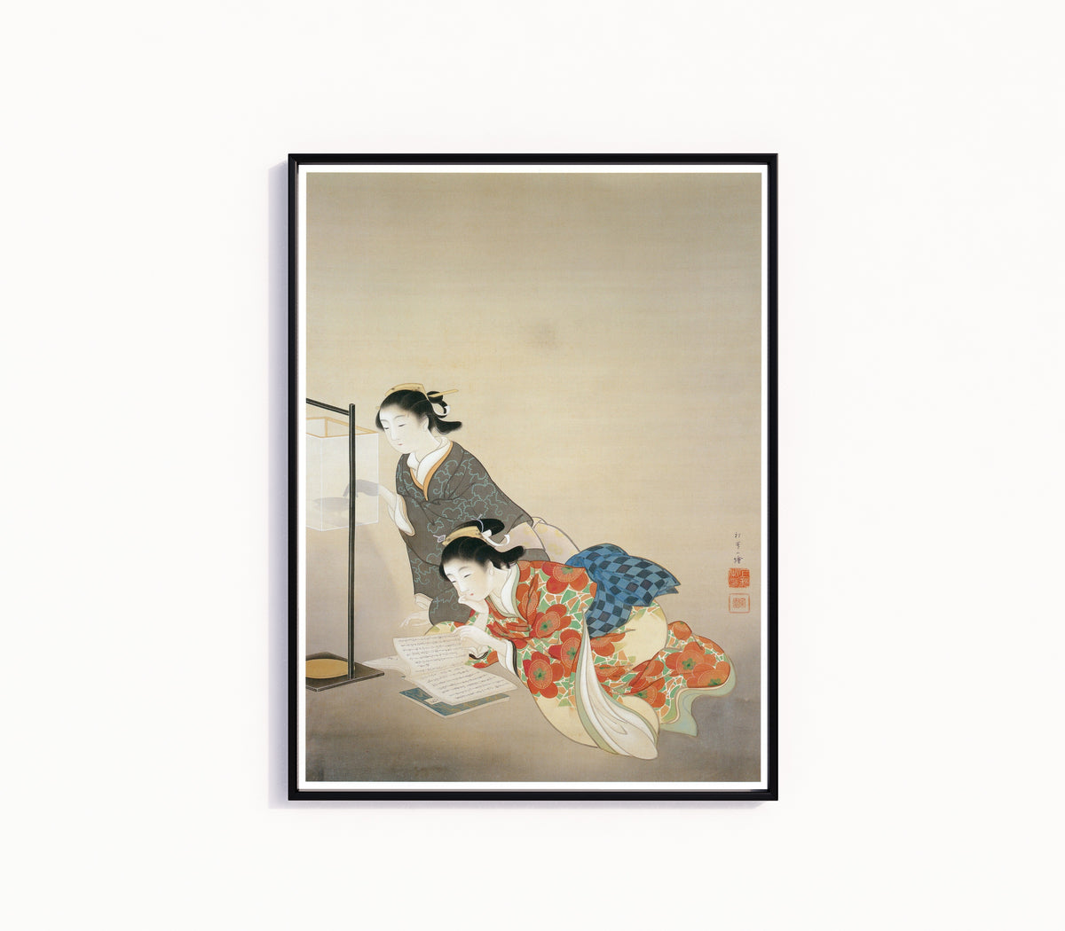 Framed art print of Long Night by Uemura Shōen, in a slim black frame on a plain white wall