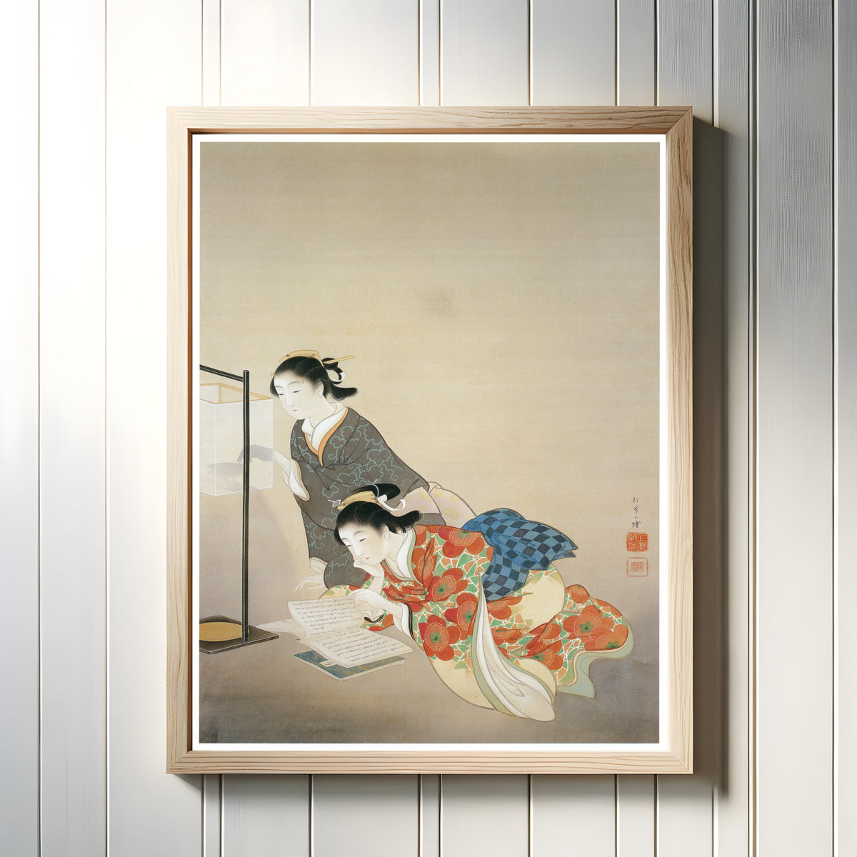 Framed art print of Long Night by Uemura Shōen, in a light wood frame on a white panelled wall