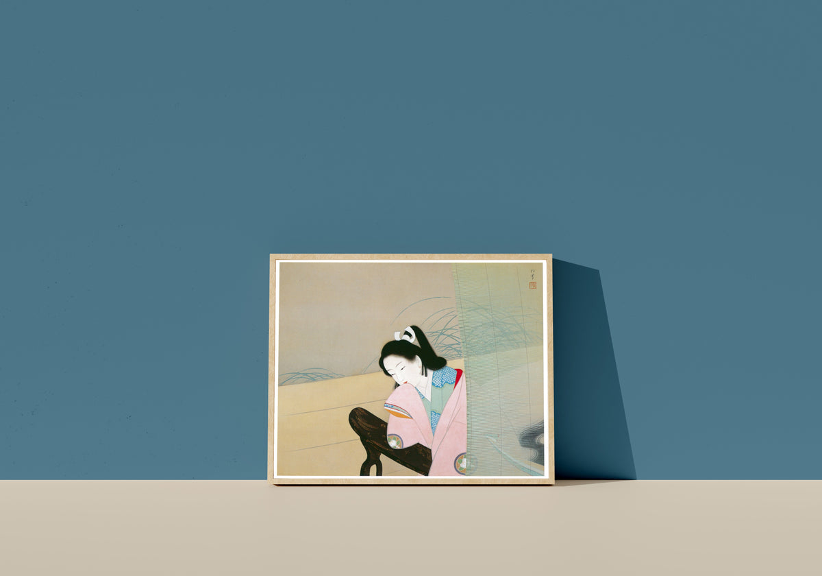 Framed art print of Male Dance (Otoko-mai) by Uemura Shōen, in a light wood frame leaning on a blue wall