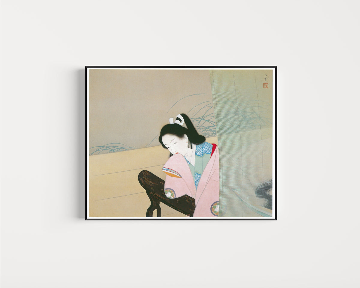Framed art print of Male Dance (Otoko-mai) by Uemura Shōen, in a slim black frame on a plain white wall