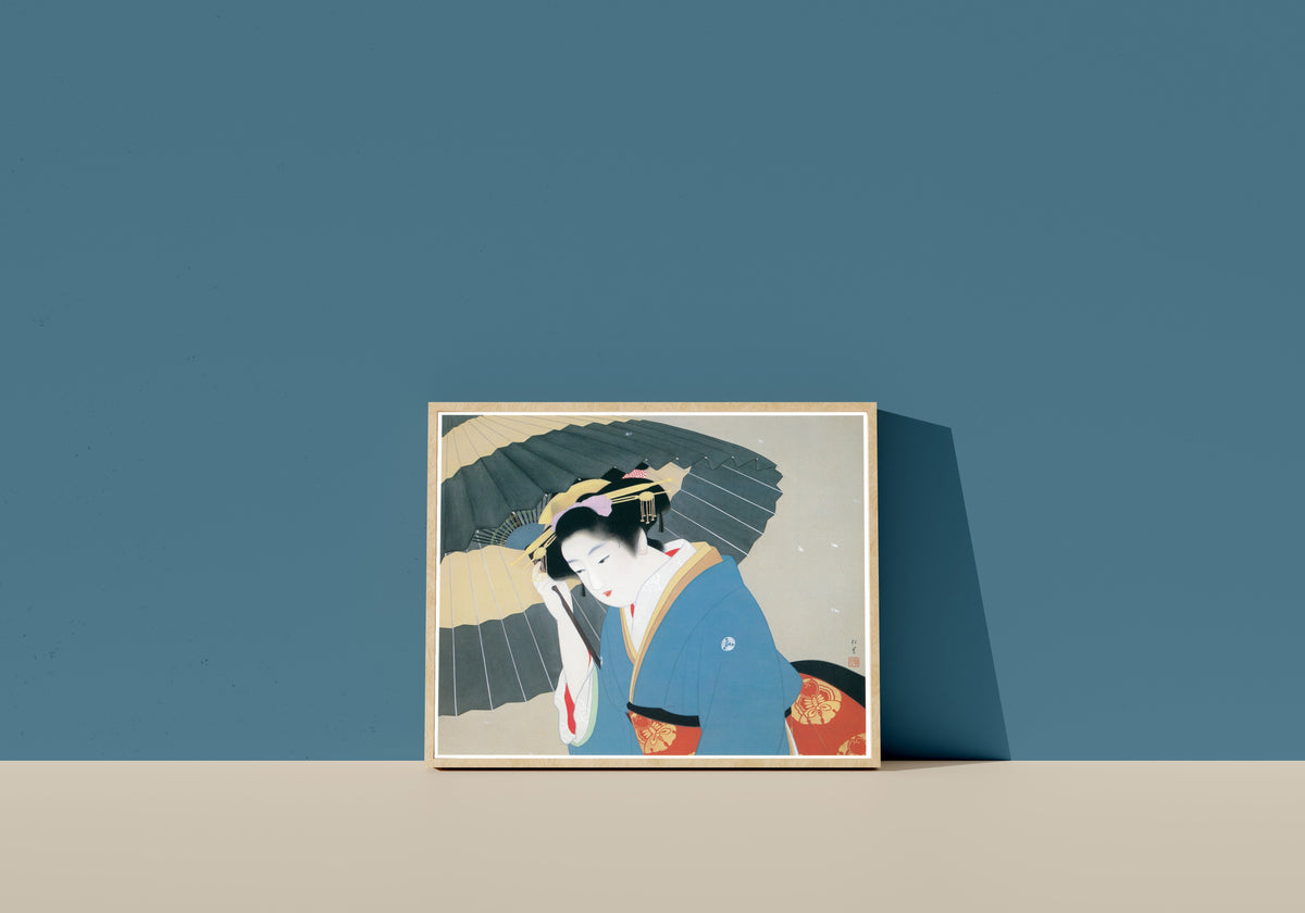 Framed art print of Snow by Uemura Shōen, in a light wood frame leaning on a blue wall