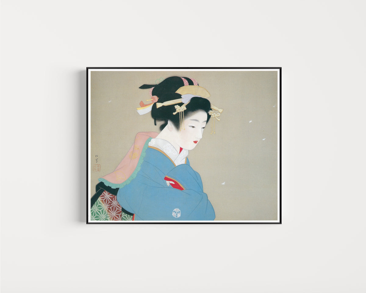Framed art print of Snow in the Garden by Uemura Shōen, in a slim black frame on a plain white wall