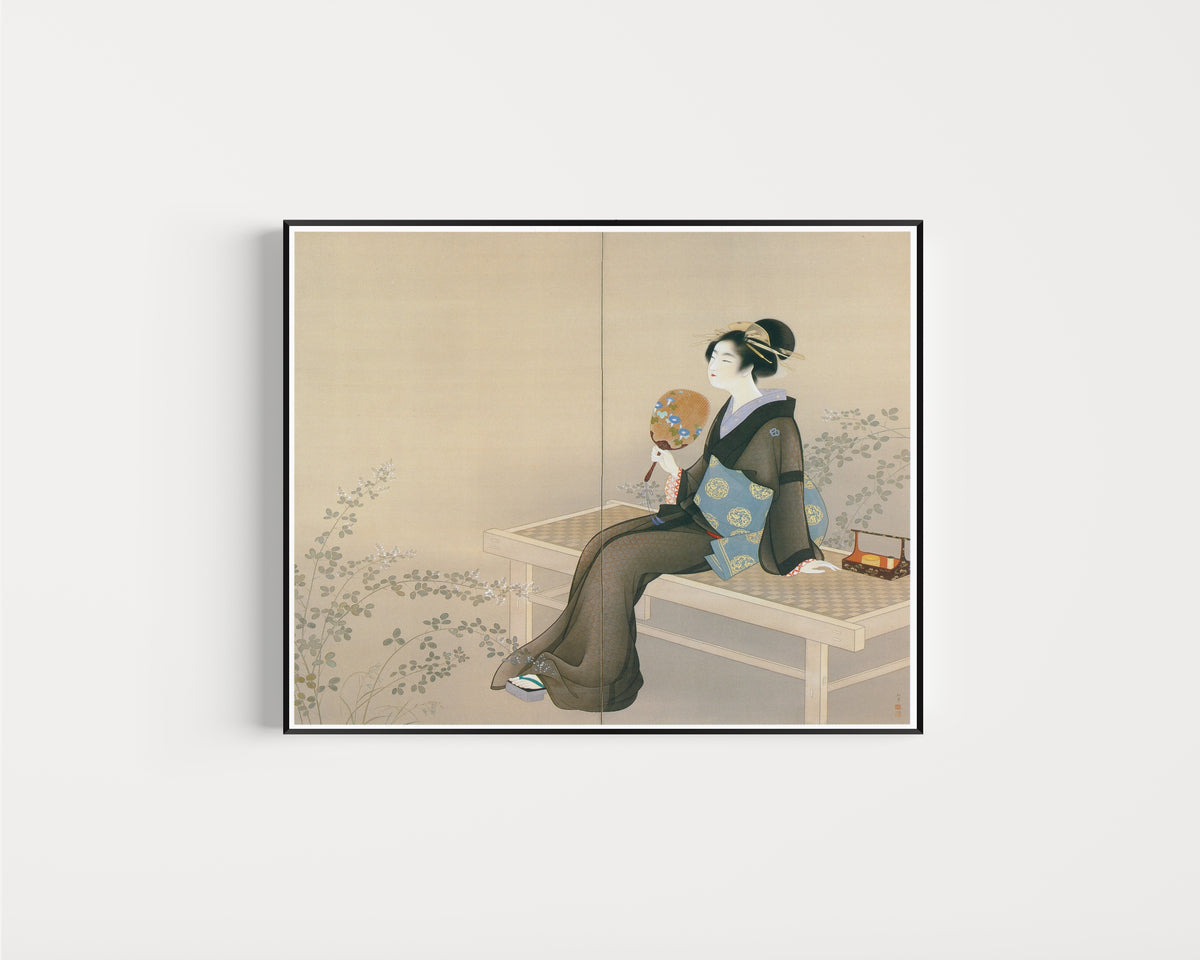 Framed art print of Spring and Autumn (right panel) by Uemura Shōen, in a slim black frame on a plain white wall