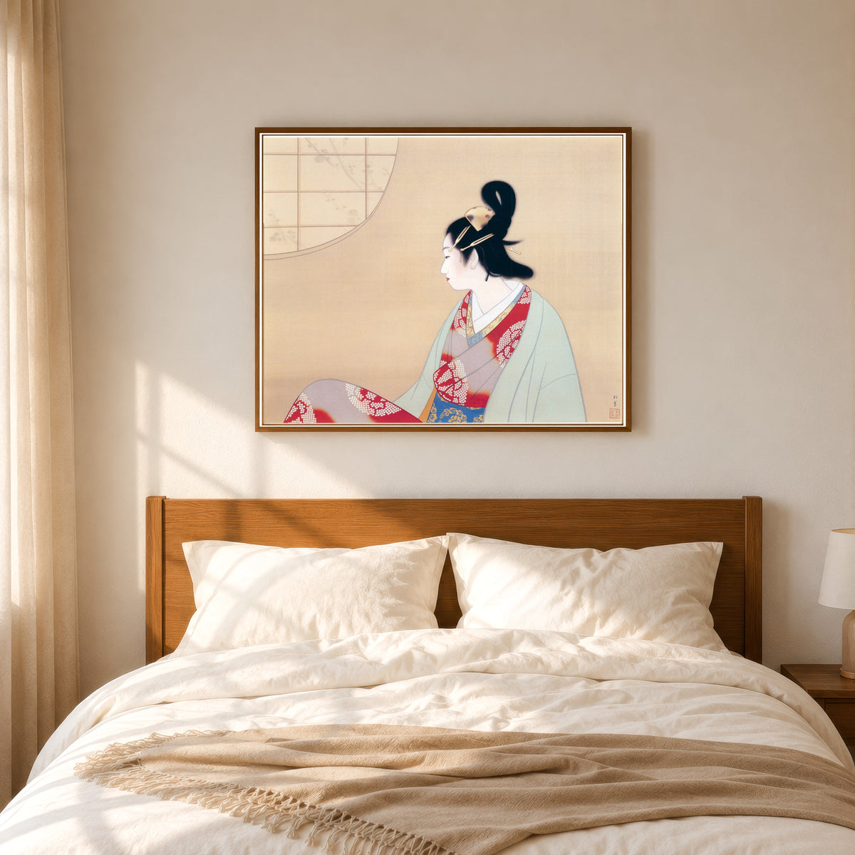 Framed art print of Young Lady by a Round Window by Uemura Shōen, in a slim wood frame above a bed in a sunlit bedroom