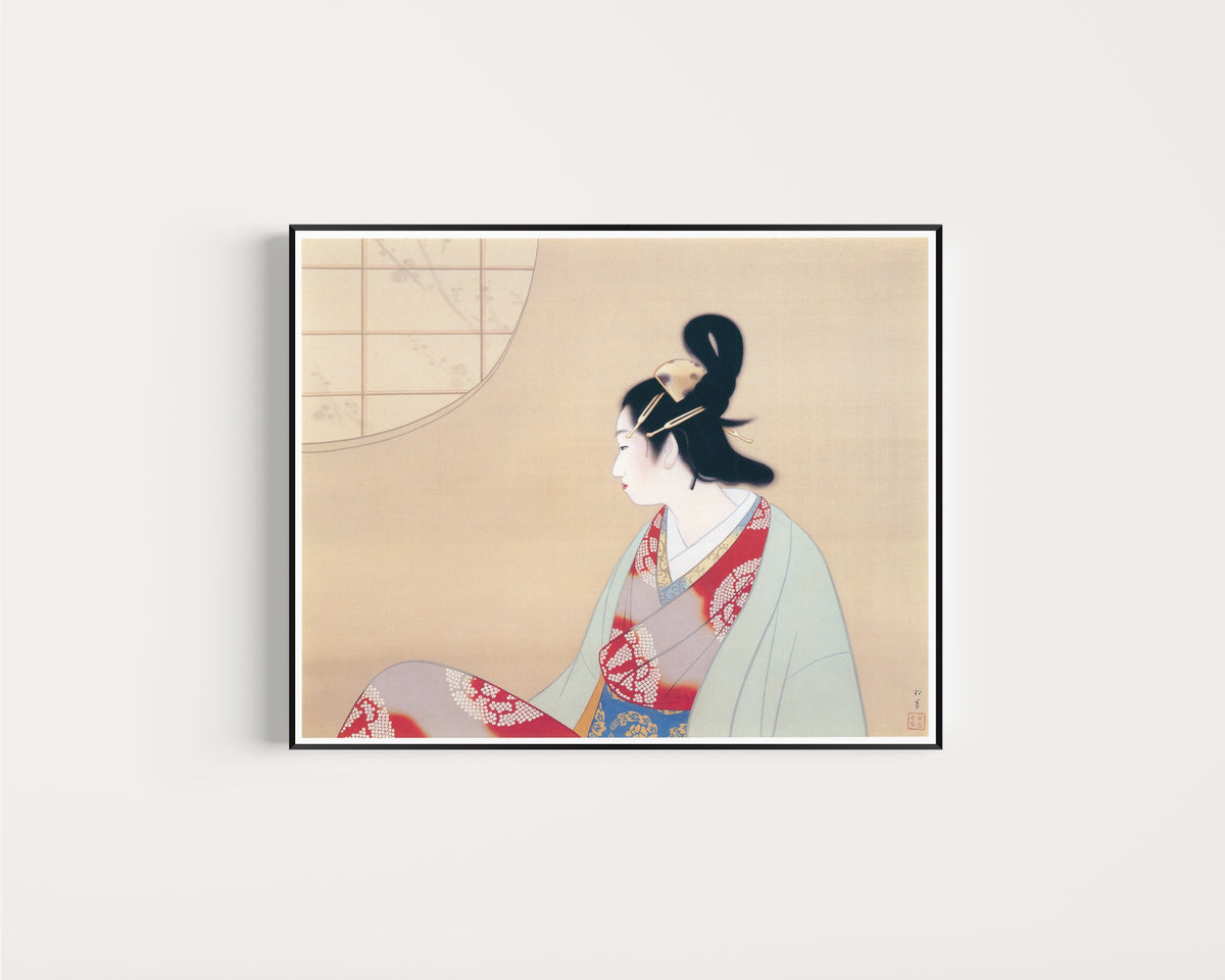 Framed art print of Young Lady by a Round Window by Uemura Shōen, in a slim black frame on a plain white wall