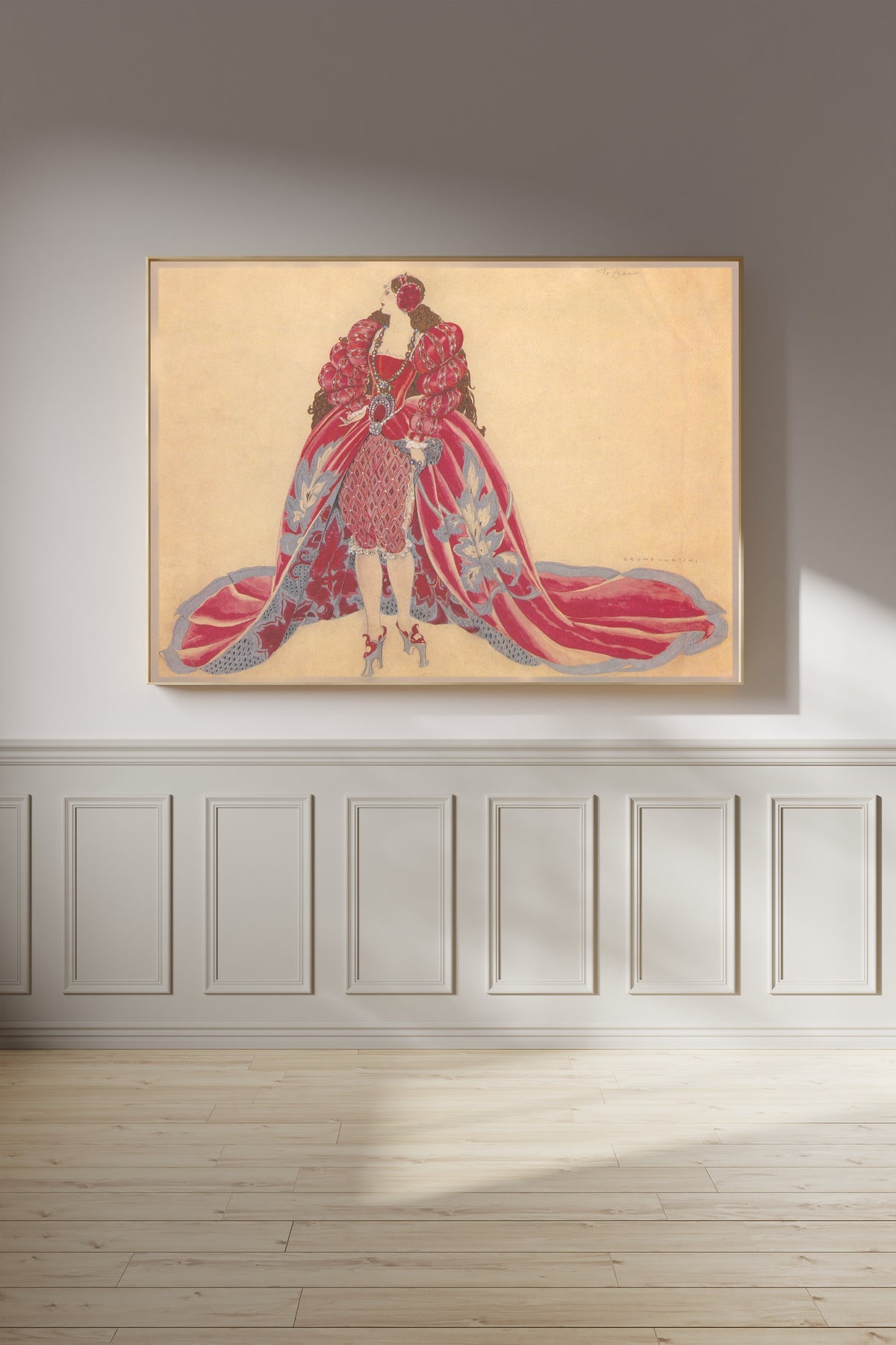 Costume Titien by Umberto Brunelleschi — framed on a panelled wall in afternoon light