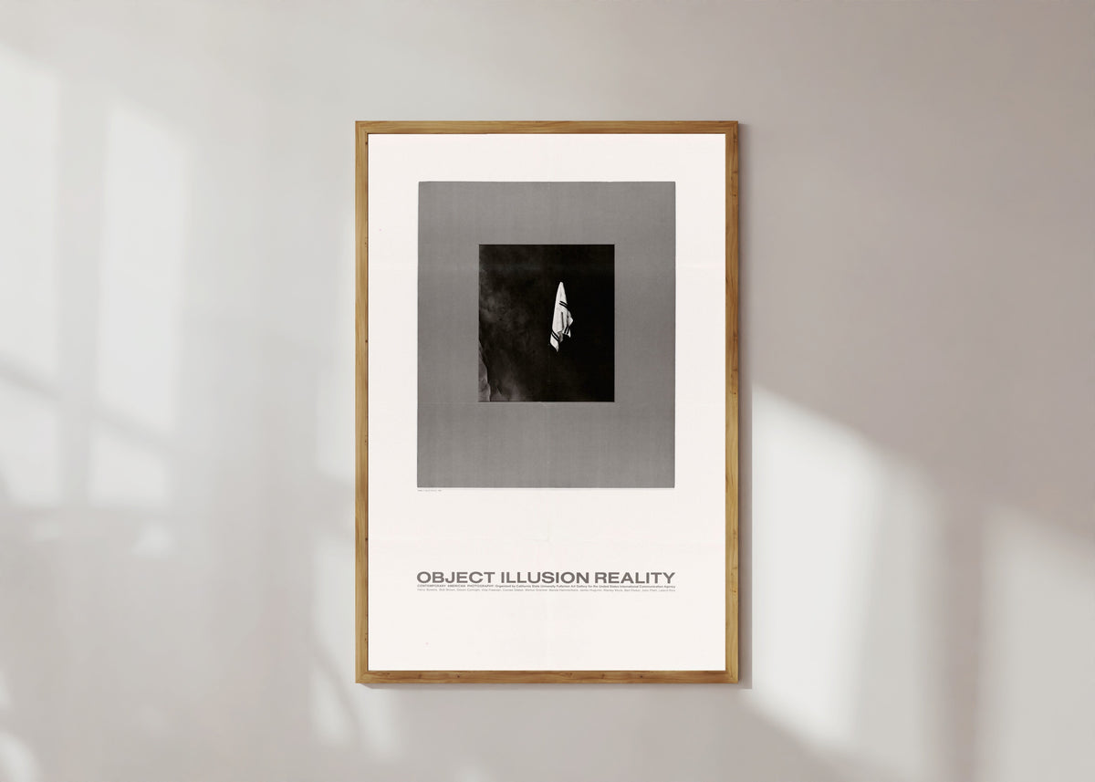 Framed art print of Object, Illusion, Reality by USIA, in a light wood frame on a sunlit white wall