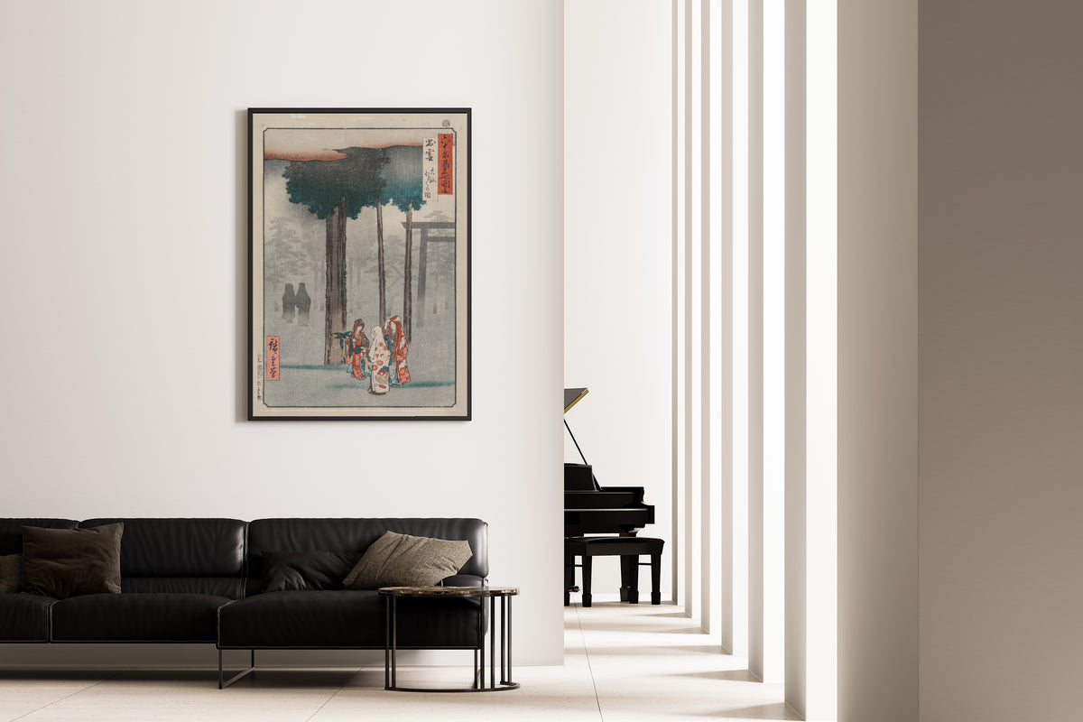 Hotohoto Festival at Izumo Grand Shrine by Utagawa Hiroshige — framed on the wall of a minimal living room