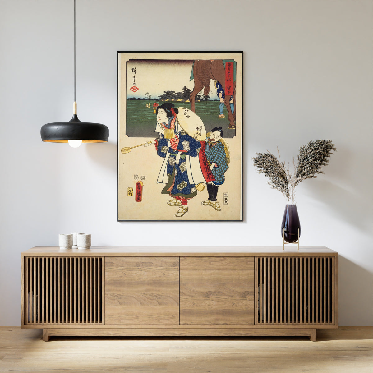 Fifty-three Stations by Two Brushes: Fukuroi by Utagawa Hiroshige & Utagawa Kunisada — framed above a slatted wood sideboard