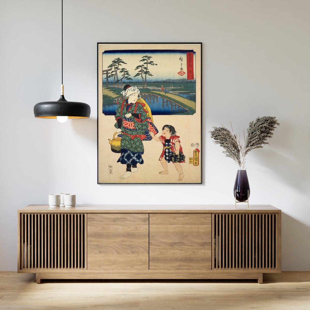 Fifty-three Stations by Two Brushes: Kakegawa by Utagawa Hiroshige & Utagawa Kunisada — framed above a slatted wood sideboard