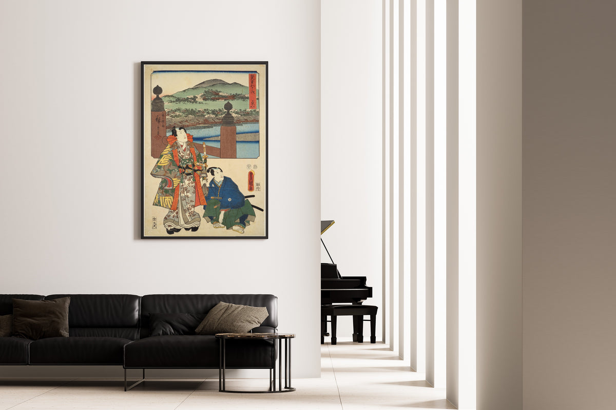 Fifty-three Stations by Two Brushes: Kyoto (Keishi) by Utagawa Hiroshige & Utagawa Kunisada — framed on the wall of a minimal living room