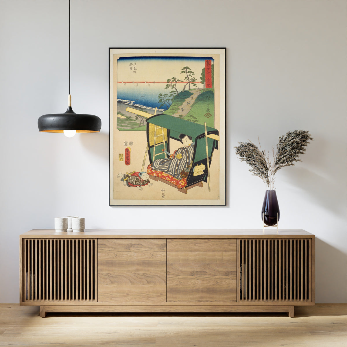 Fifty-three Stations by Two Brushes: Shirasuka by Utagawa Hiroshige & Utagawa Kunisada — framed above a slatted wood sideboard