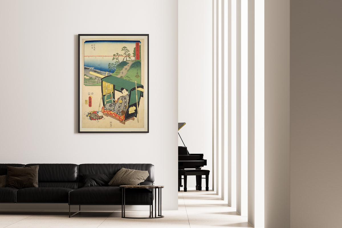 Fifty-three Stations by Two Brushes: Shirasuka by Utagawa Hiroshige & Utagawa Kunisada — framed on the wall of a minimal living room