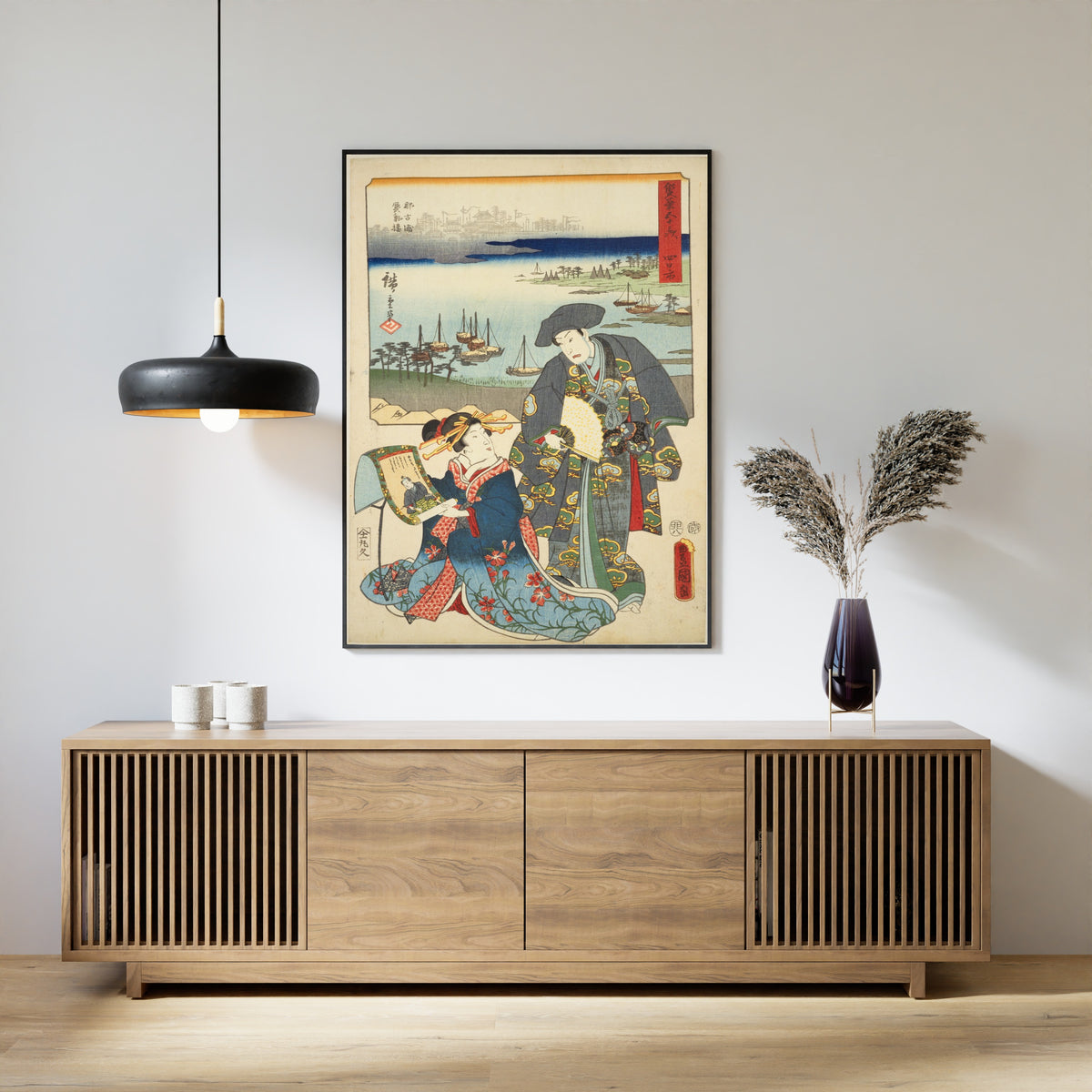 Fifty-three Stations by Two Brushes: Yokkaichi by Utagawa Hiroshige & Utagawa Kunisada — framed above a slatted wood sideboard