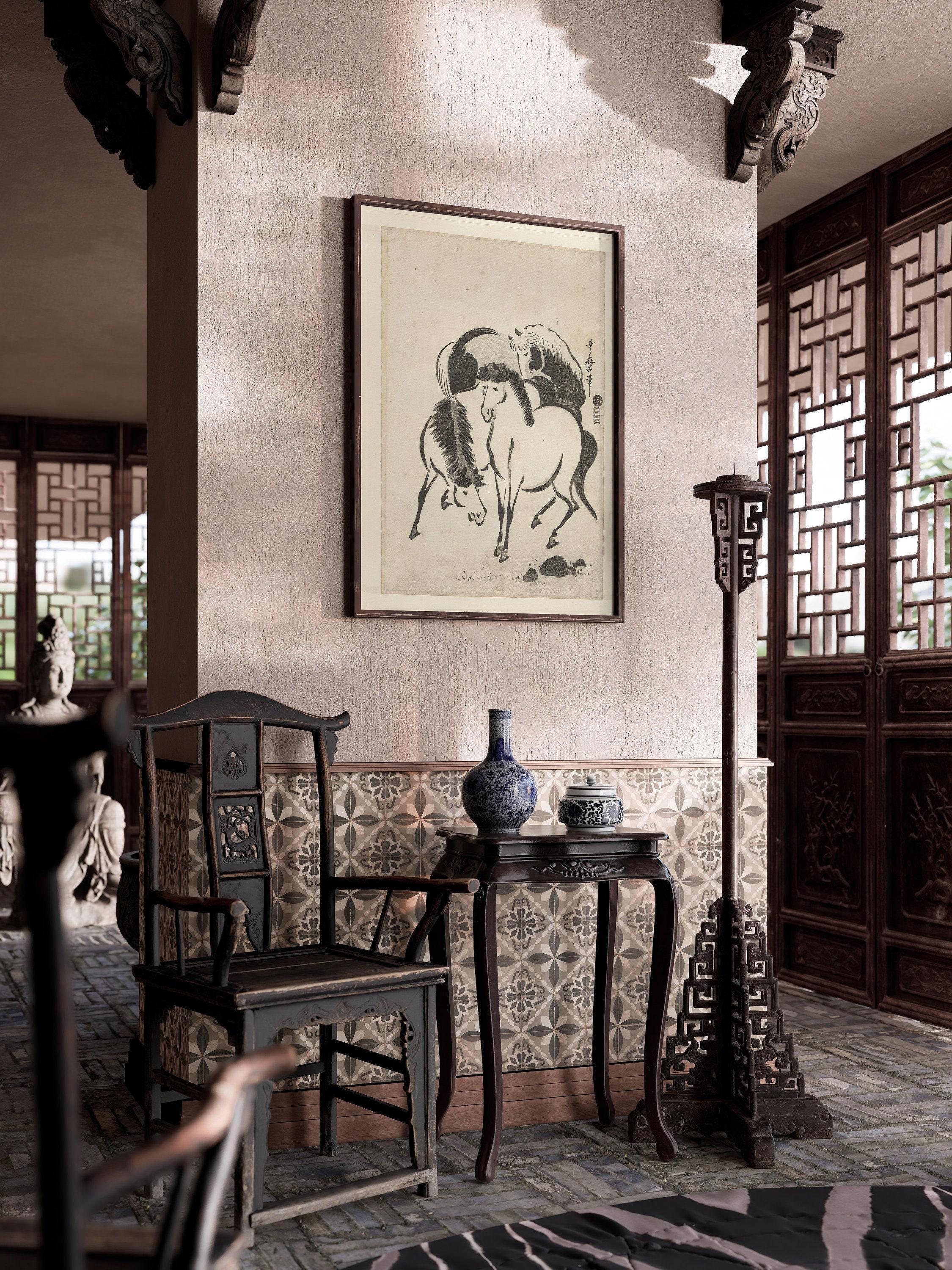 Utagawa Kitamaro - Three Horses | PRINT | Japanese Vintage Neutral Sketch Art