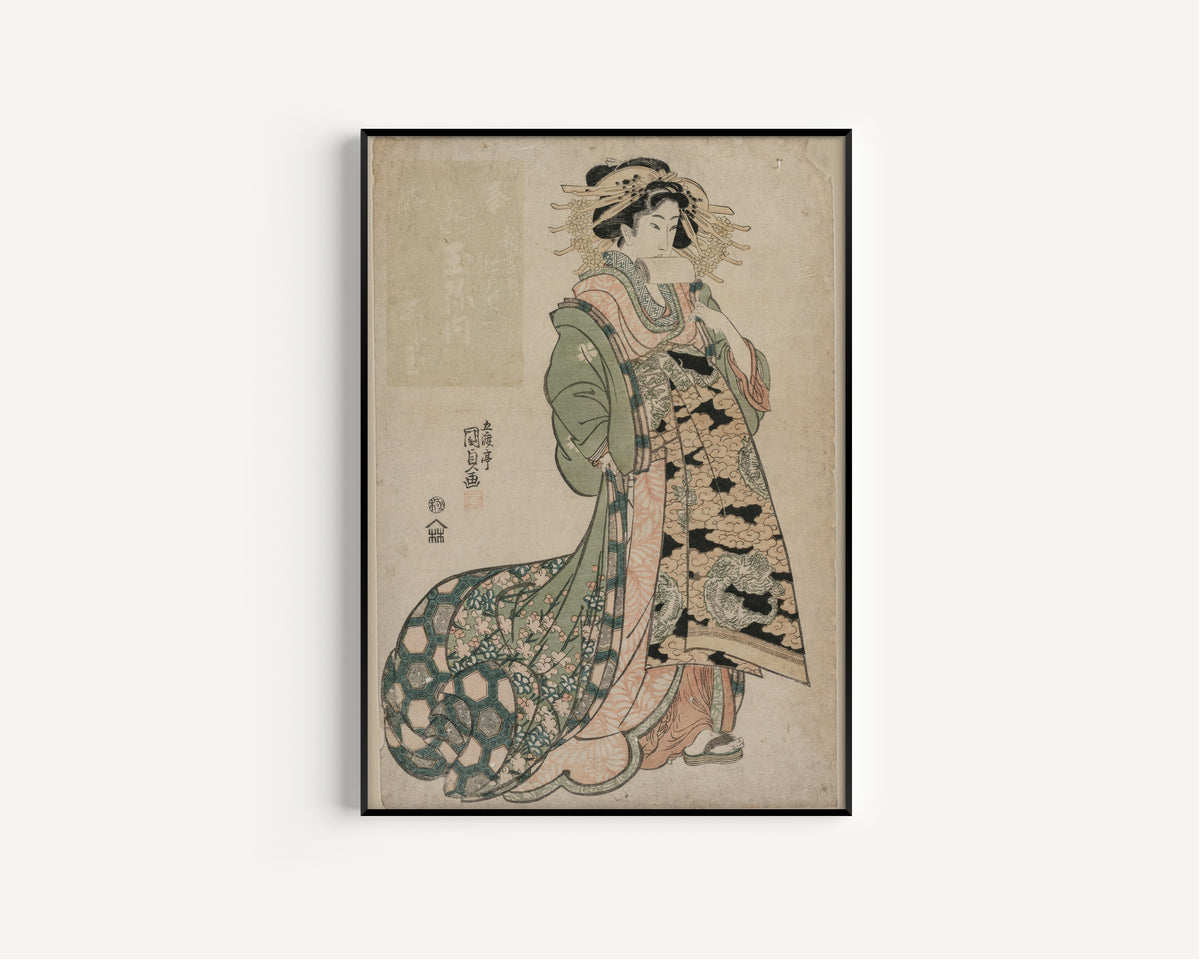 The Courtesan Shiratama of the Tamaya by Utagawa Kunisada — in a slim black frame on a plain white wall