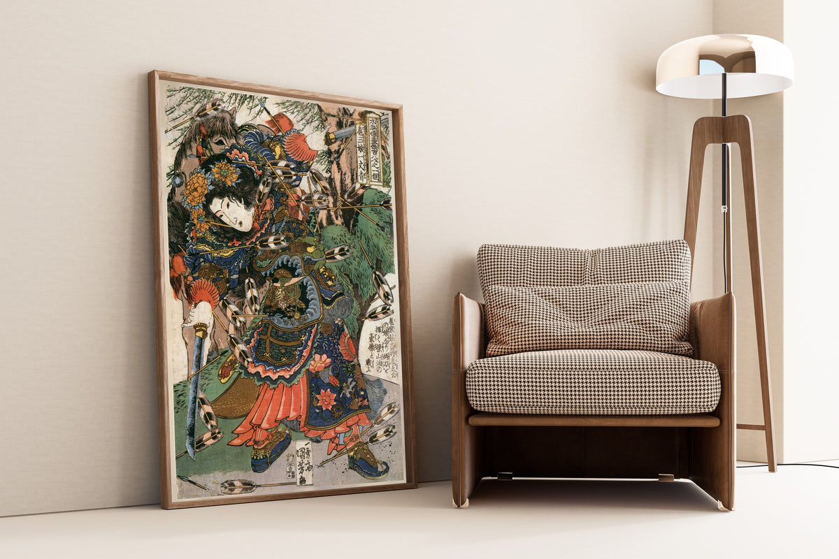 108 Heroes of the Suikoden: Ichijōsei Kosanjō by Utagawa Kuniyoshi — shown framed on a wall