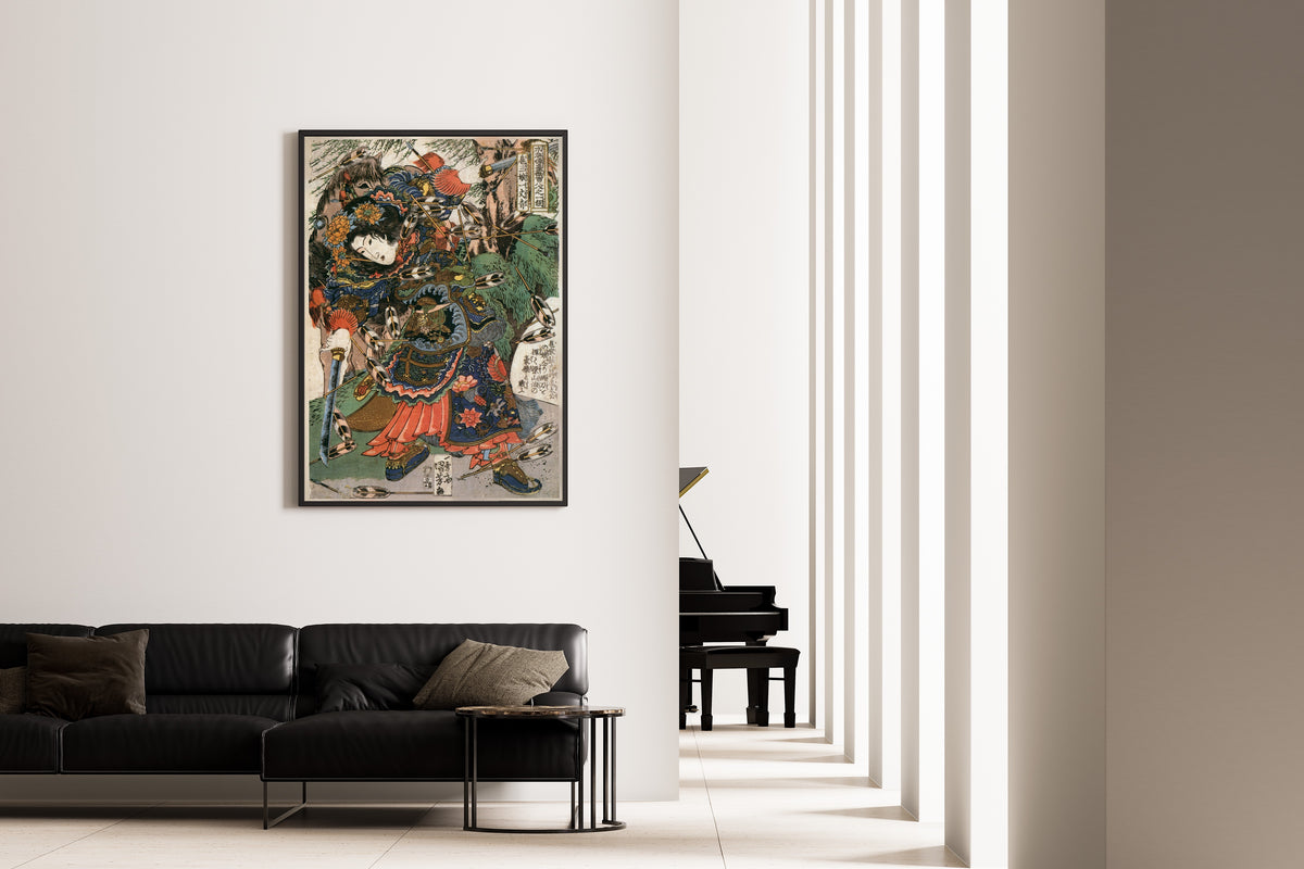 108 Heroes of the Suikoden: Ichijōsei Kosanjō by Utagawa Kuniyoshi — shown framed on a wall