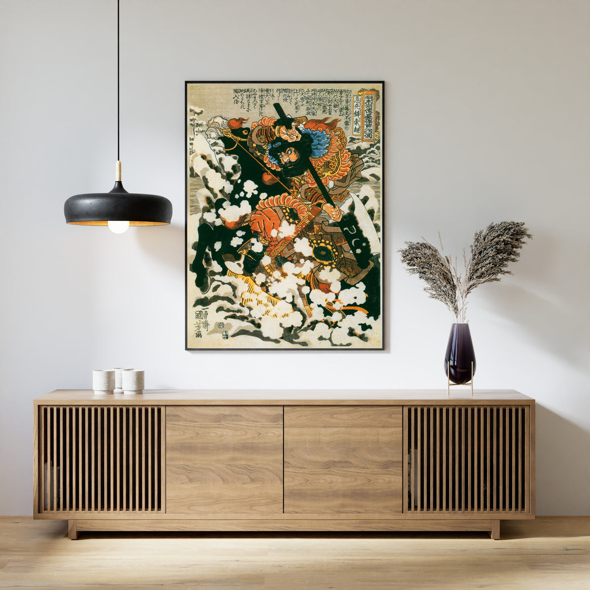 108 Heroes of the Suikoden: Kyūsenpō Sakuchō (centre panel) by Utagawa Kuniyoshi — shown framed on a wall