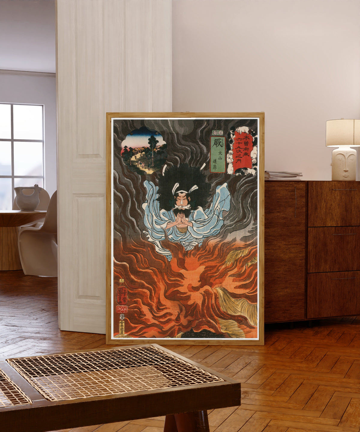 Framed art print of Inuyama Dōsetsu by Utagawa Kuniyoshi, in a light wood frame leaning in a warm room with a parquet floor