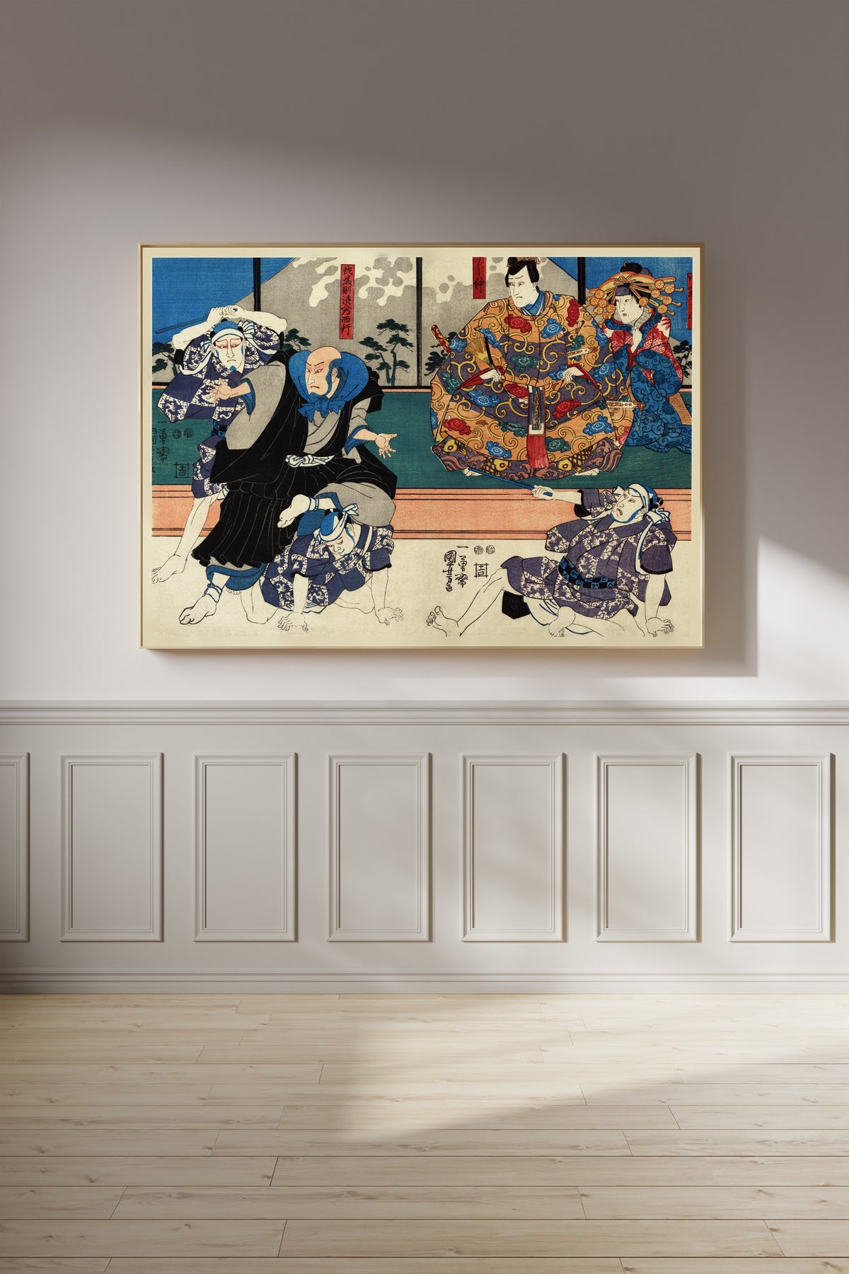 Satō Norikiyo Nyūdō Saigyō by Utagawa Kuniyoshi — framed on a panelled wall in afternoon light